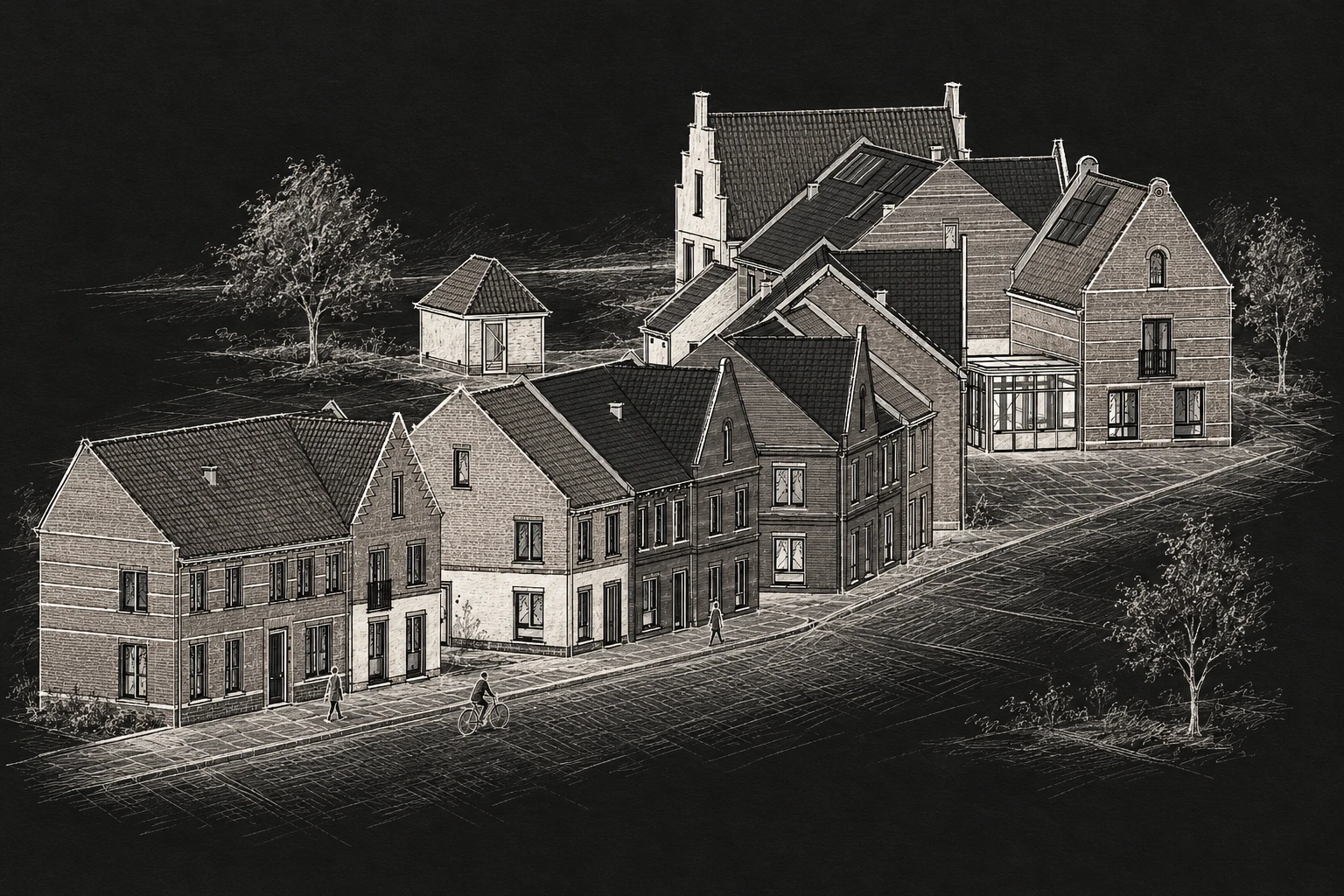 Inktschets van de gevels en daken van Zilverrijk, met een schematische straat en bomen.